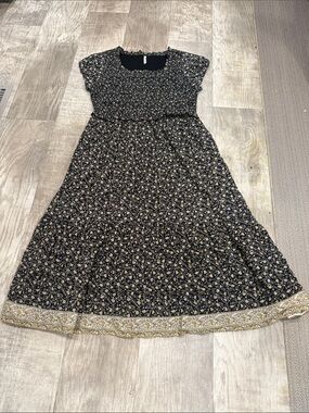 American Eagle Outfitters Black Floral Maxi Dress with Gold Accent